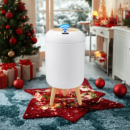 Smart Sensor Trash Can – White Motion-Activated Compactor Bin with Wooden Legs for Kitchen, Bathroom, and Office Use