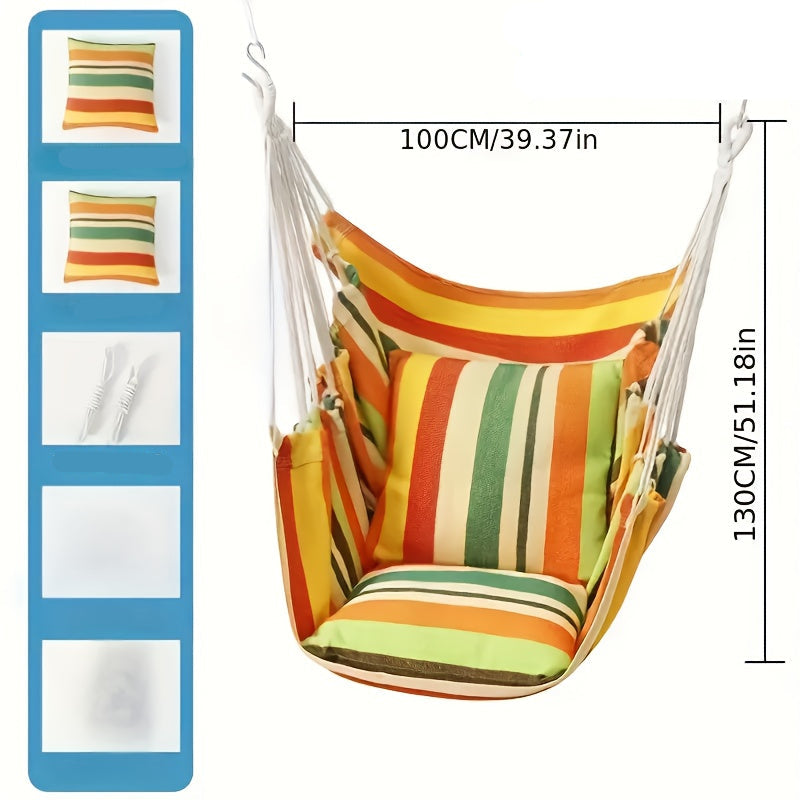 Striped Hammock Chair – Hanging Rope Swing Seat with Cushions for Porch, Patio, Bedroom & Camping
