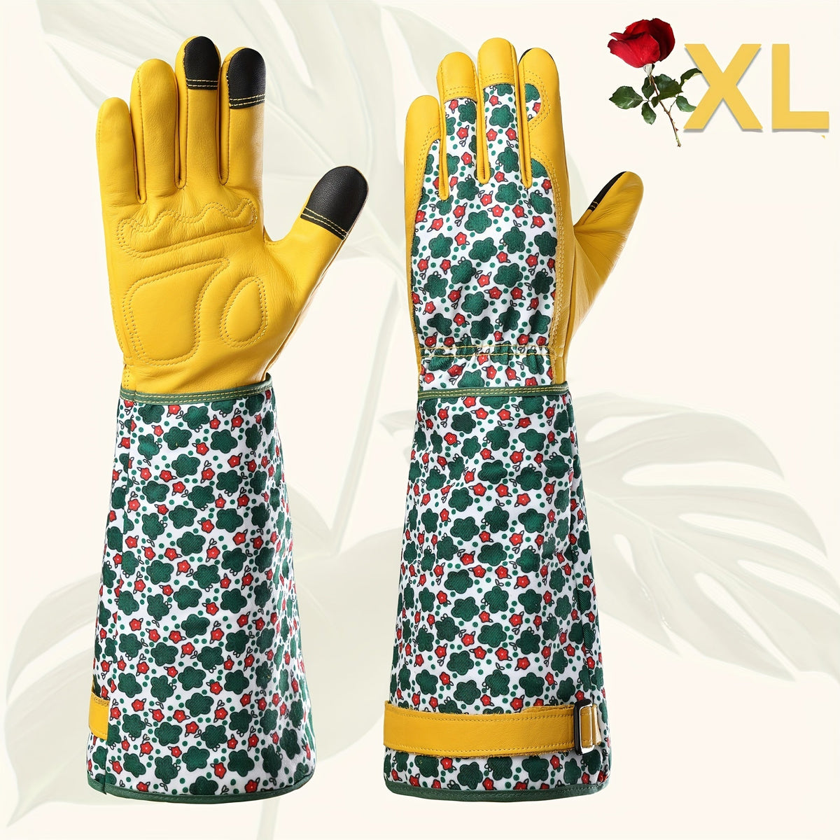 Women’s Gardening Gloves – Durable Green Floral Print Thorn-Proof Cowhide Gauntlet with Touchscreen Feature, Breathable Yard Work Accessory