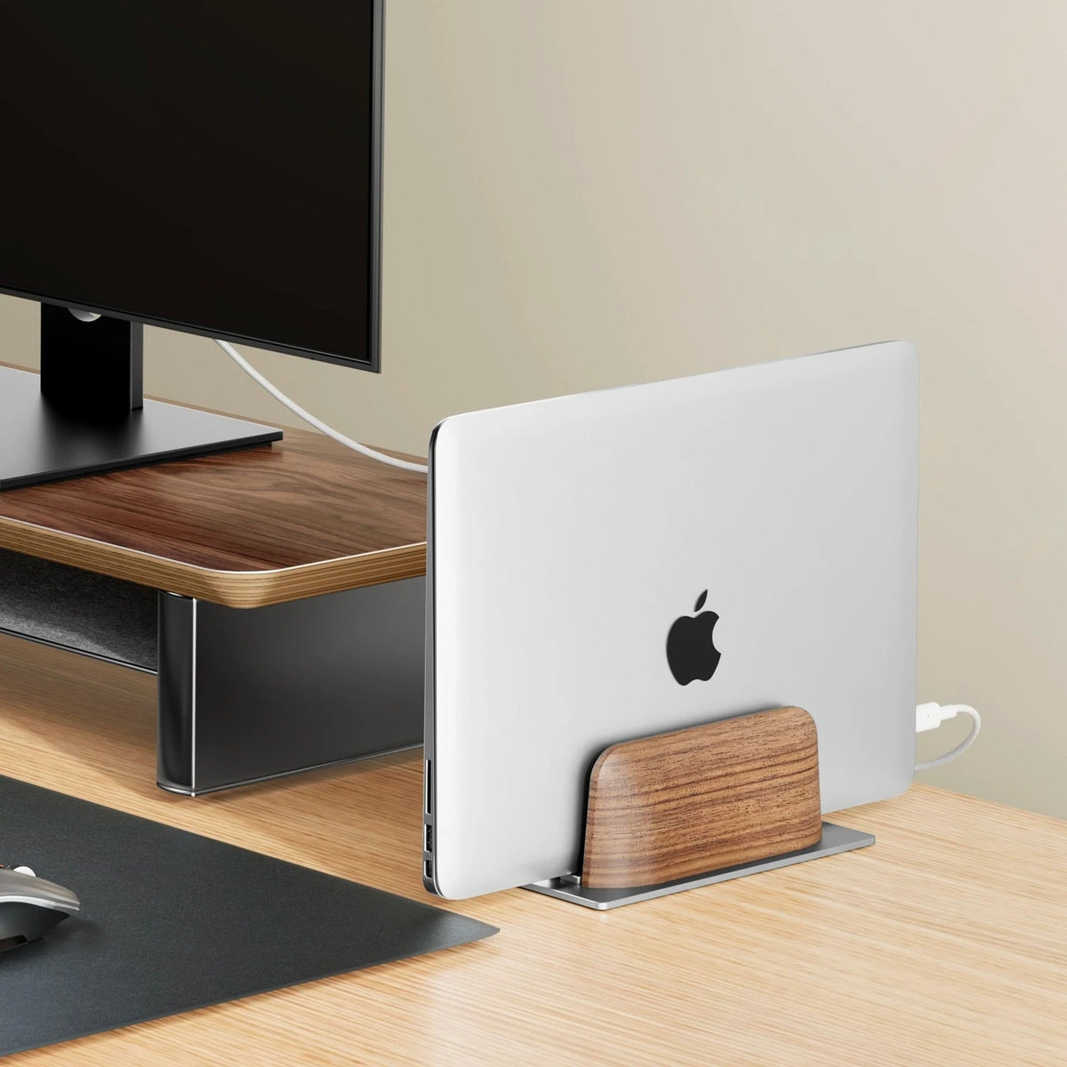 Vertical Laptop Stand – Premium Aluminum & Black Walnut Holder for MacBook, Dell, HP, Samsung & Surface, Elegant Desk Organizer