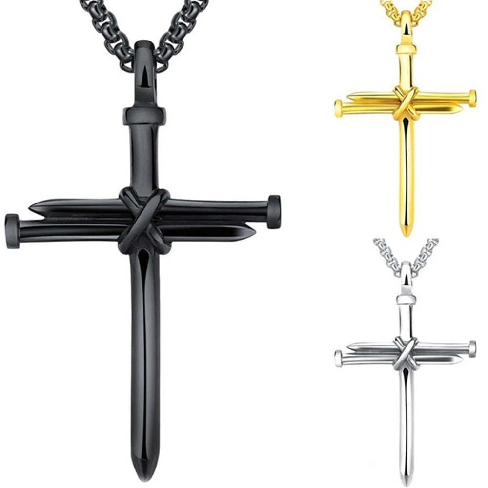Vintage Stainless Steel Cross Nail Necklace – Christian Jesus Pendant for Men’s Punk Fashion