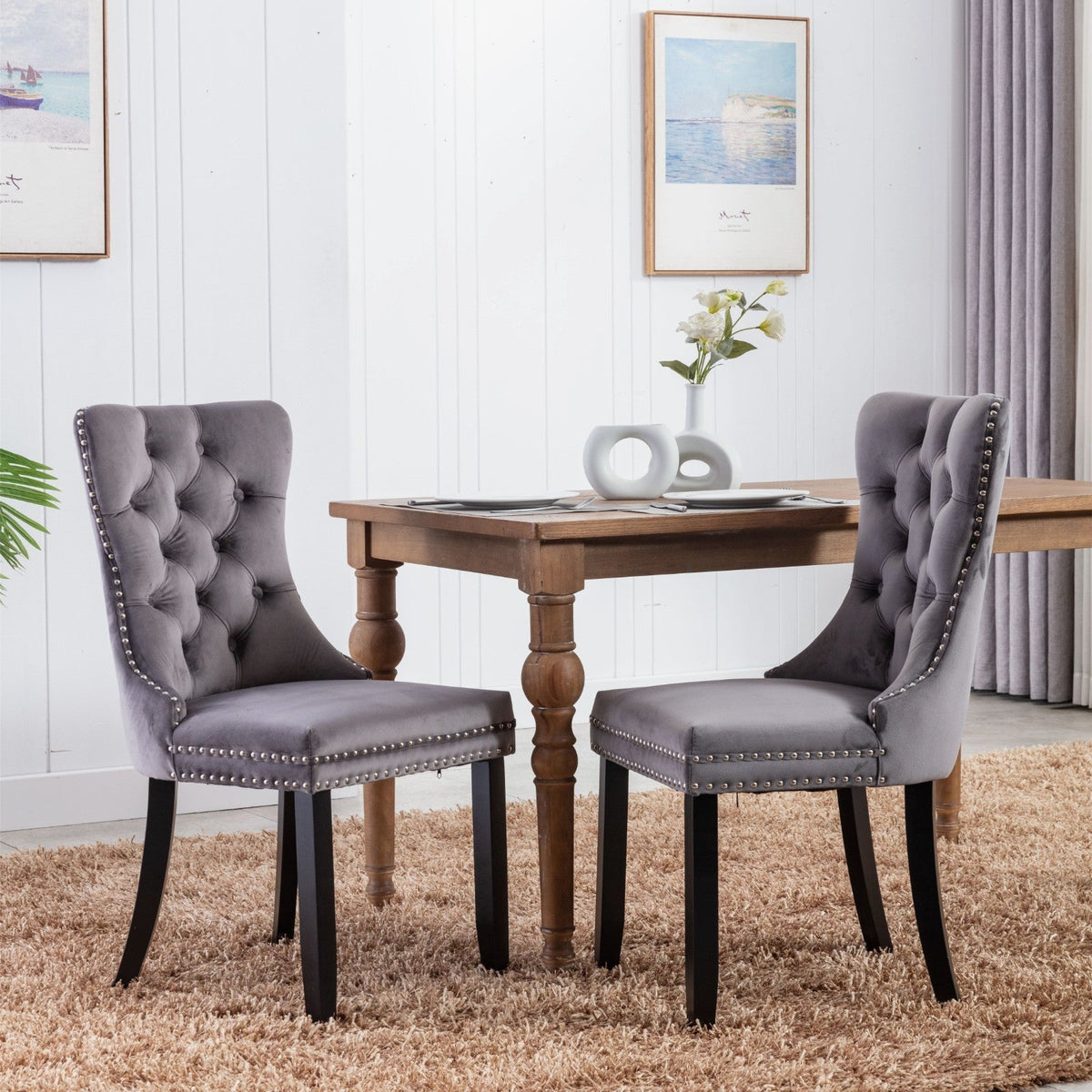 A&A Furniture Modern High-End Plush Solid Wood Velvet Soft Cushion Dining Chair with Wooden Legs and Nailhead Trim, 2-Piece Set