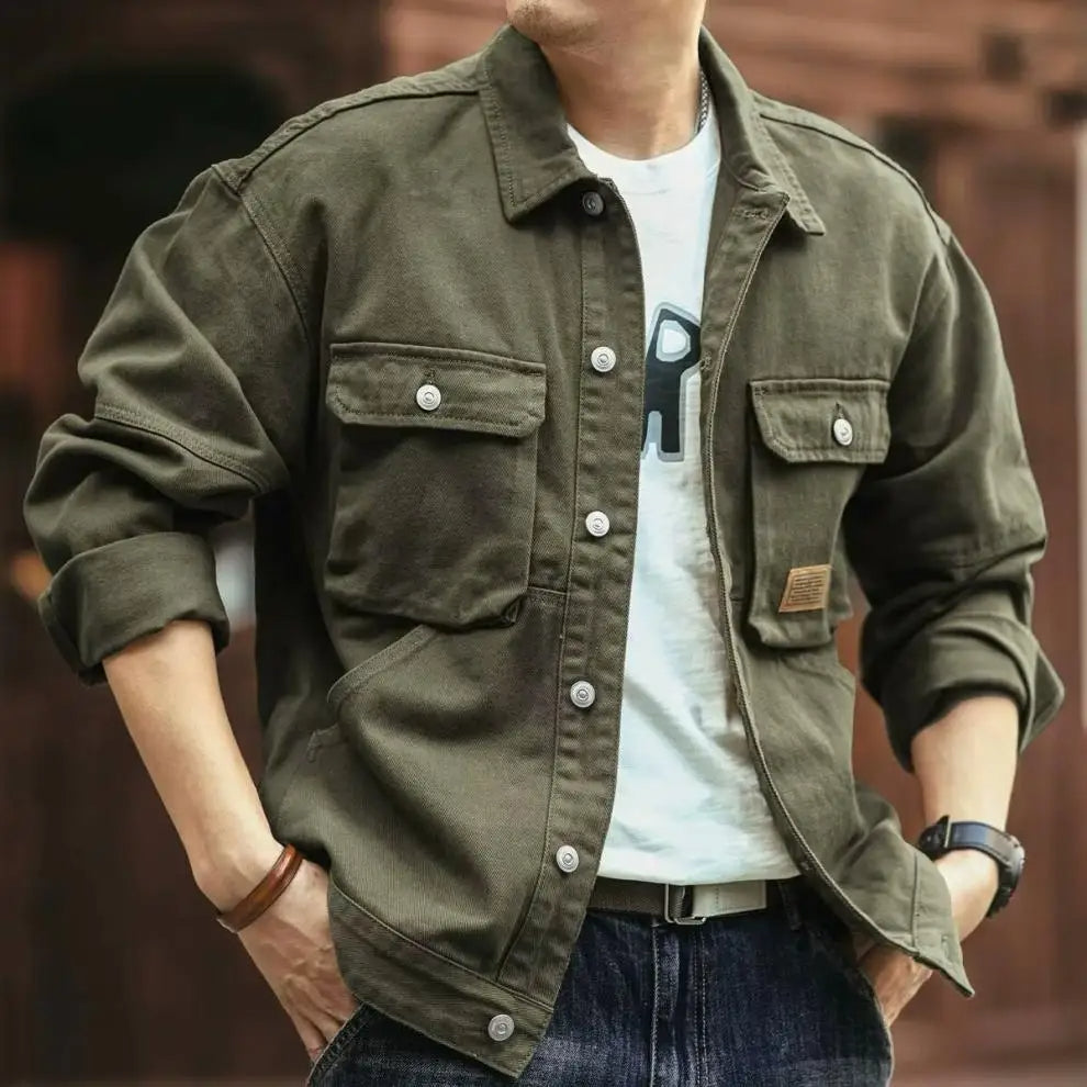 Men’s Solid Cargo Denim Jacket – Loose Plus-Size Fashionable Casual Coat for Spring and Autumn Streetwear Daily Outfits