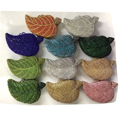 Crystal Tree Leaf Clutch – Women’s Gold, Orange, Green & Blue Diamond Evening Bags for Weddings, Parties & Luxury Fashion
