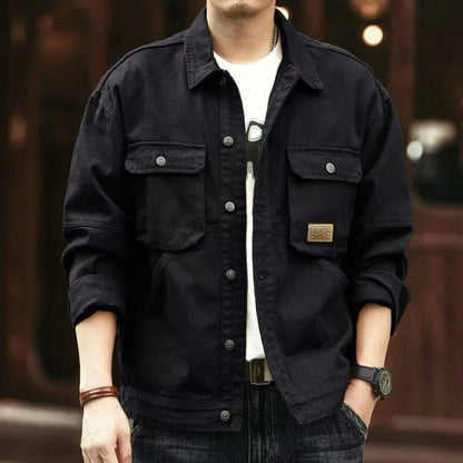 Men’s Solid Cargo Denim Jacket – Loose Plus-Size Fashionable Casual Coat for Spring and Autumn Streetwear Daily Outfits
