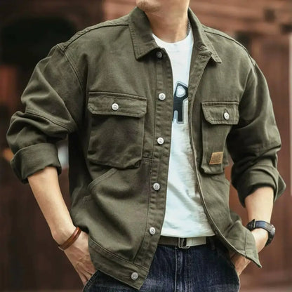 Men’s Solid Cargo Denim Jacket – Loose Plus-Size Fashionable Casual Coat for Spring and Autumn Streetwear Daily Outfits