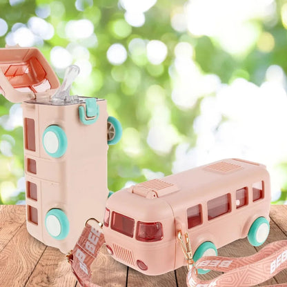 Bus-Shaped Kids Water Bottle – 500ml Fun Car Design with Shoulder Strap & Straw, Portable Leak-Proof Cup for School & Travel