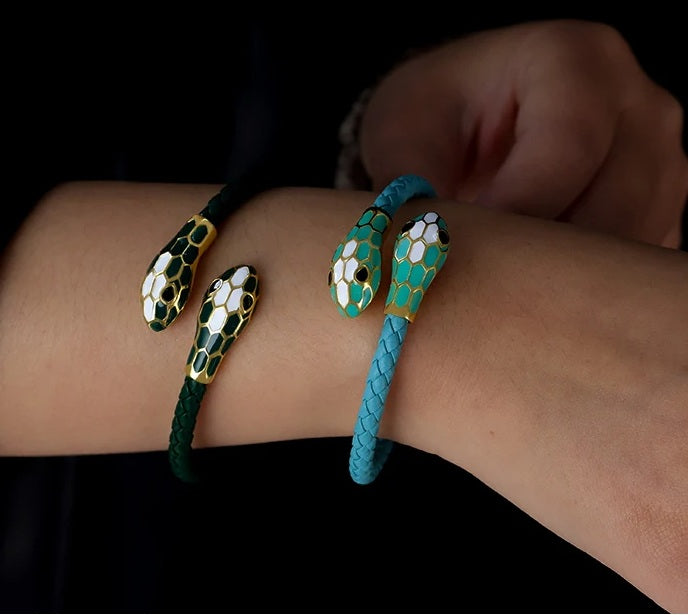 Double Snake Head Leather Bracelet – Classic Moonlight Braided Jewelry for Women’s Fashion with Genuine Leather & Gift Appeal