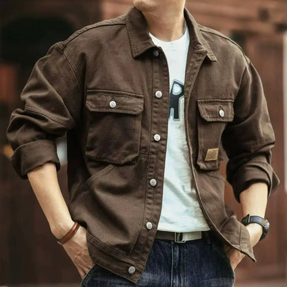 Men’s Solid Cargo Denim Jacket – Loose Plus-Size Fashionable Casual Coat for Spring and Autumn Streetwear Daily Outfits