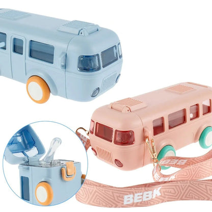 Bus-Shaped Kids Water Bottle – 500ml Fun Car Design with Shoulder Strap & Straw, Portable Leak-Proof Cup for School & Travel