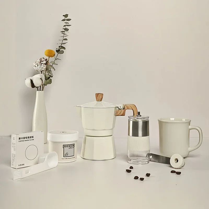 Six Pieces Manual Coffee Maker Gift Set – Moka Pot with Grinder, Cup, Bean Jar, Filter Paper, Spoon, and Brush for Home Brewing Lovers