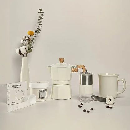 Six Pieces Manual Coffee Maker Gift Set – Moka Pot with Grinder, Cup, Bean Jar, Filter Paper, Spoon, and Brush for Home Brewing Lovers