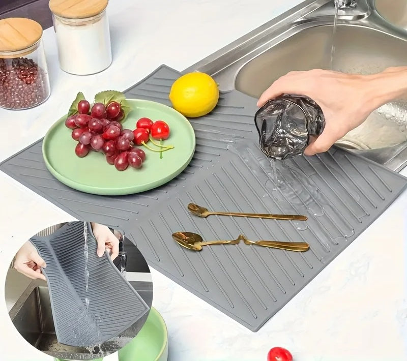 Kitchen Dish Drying Silicone Mat – Raised Stripe Design with Drainage Outlet, Non-Slip Countertop Sink Pad, Heat-Resistant Tableware Drying and Insulating Mat for Kitchens