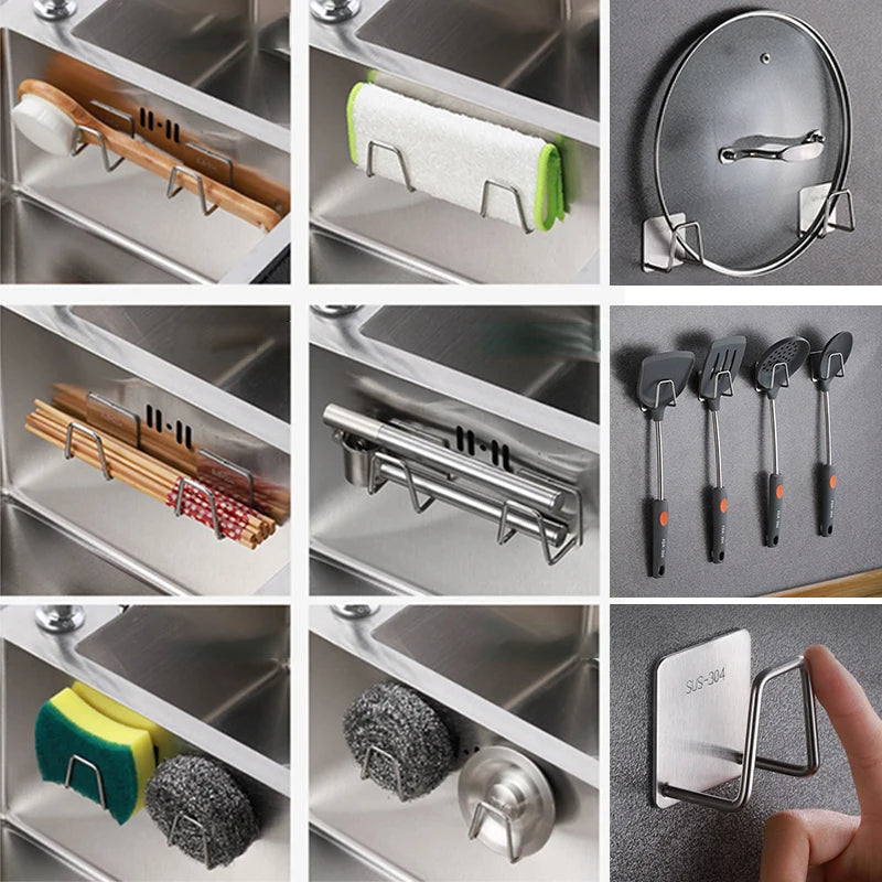 Self-Adhesive Kitchen Sponge Rack – Stainless Steel Sink Organizer with Drain Design, Wall-Mounted Holder for Sponges and Scrubbers, Space-Saving Kitchen Sink Accessories