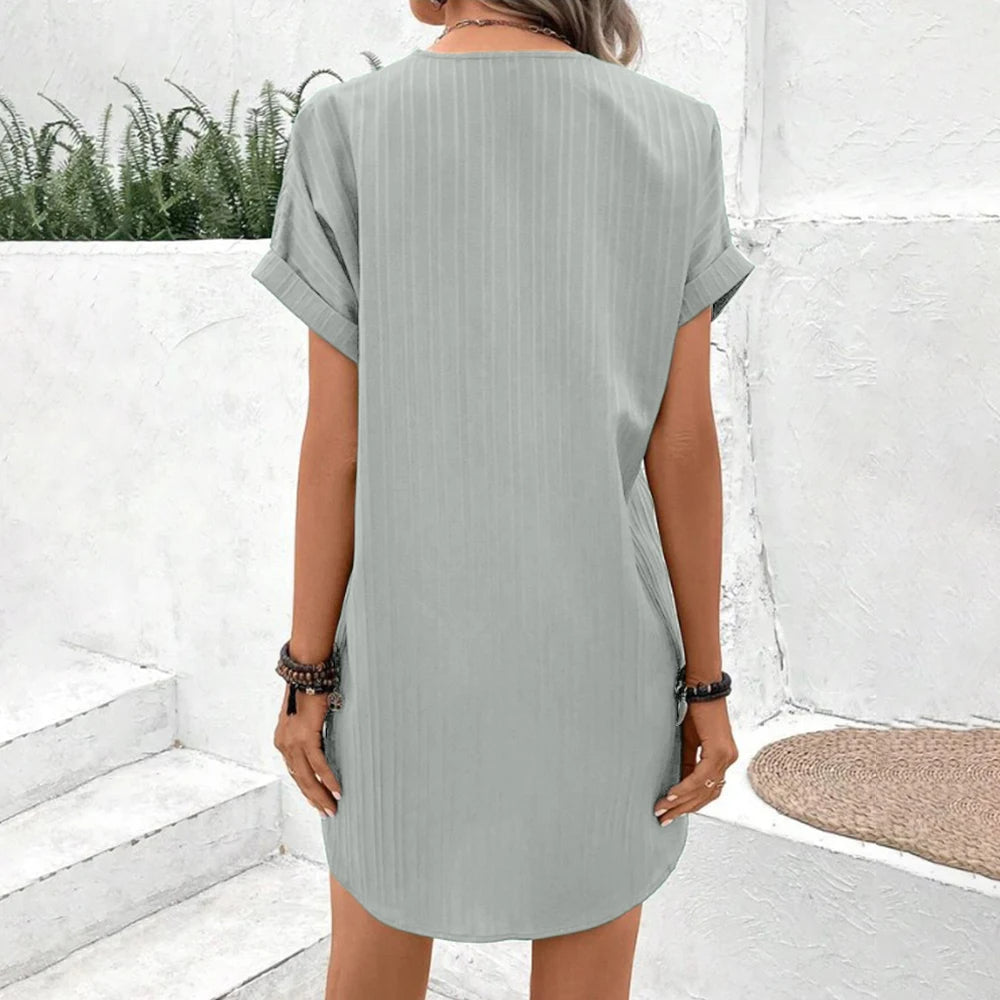 Korean Summer Minimalist V-Neck Mini Dress – Slim Solid Casual Short Skirt for Women, Sexy High-Waist Fit, Perfect for Day or Night