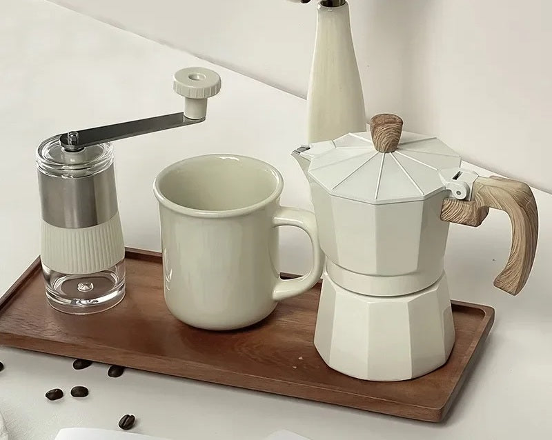 Six Pieces Manual Coffee Maker Gift Set – Moka Pot with Grinder, Cup, Bean Jar, Filter Paper, Spoon, and Brush for Home Brewing Lovers