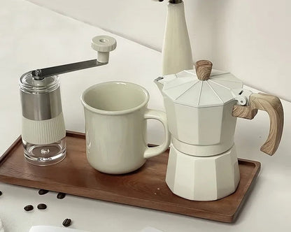 Six Pieces Manual Coffee Maker Gift Set – Moka Pot with Grinder, Cup, Bean Jar, Filter Paper, Spoon, and Brush for Home Brewing Lovers