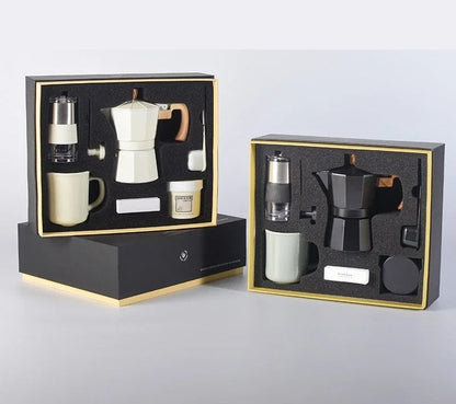 Six Pieces Manual Coffee Maker Gift Set – Moka Pot with Grinder, Cup, Bean Jar, Filter Paper, Spoon, and Brush for Home Brewing Lovers