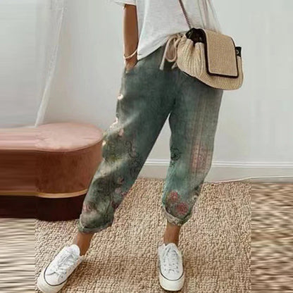 Retro Print Cotton Linen Pants - Comfortable Ankle-Length Drawstring Trousers with Pockets for Casual, Boho-Chic Summer Vibes