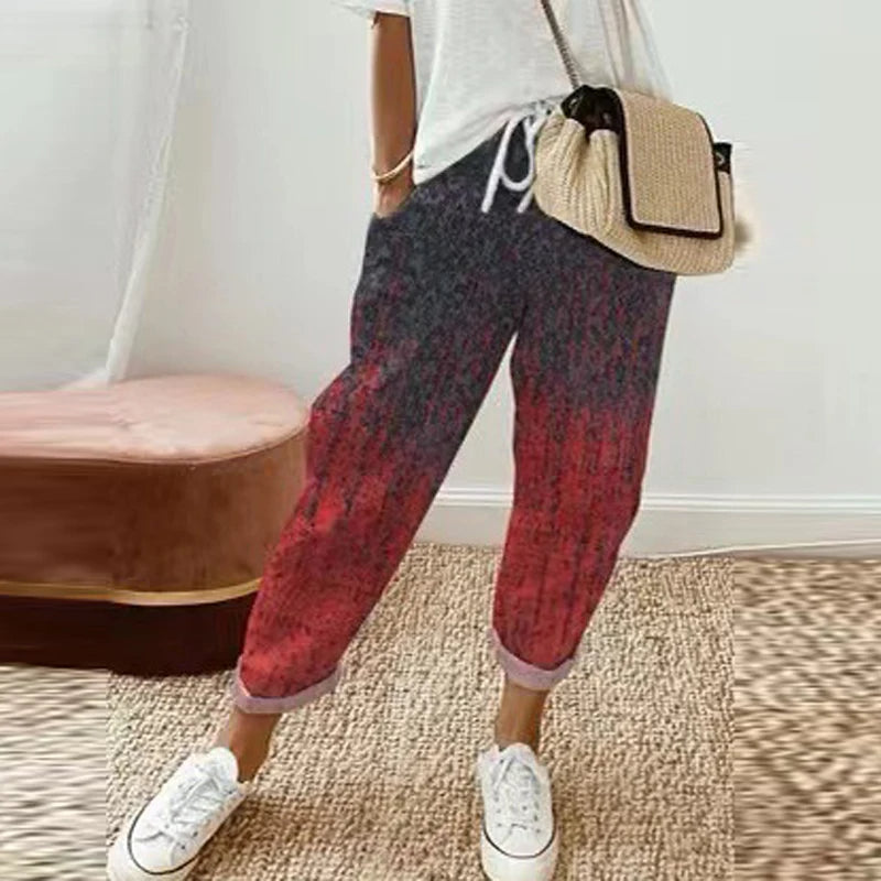 Retro Print Cotton Linen Pants - Comfortable Ankle-Length Drawstring Trousers with Pockets for Casual, Boho-Chic Summer Vibes