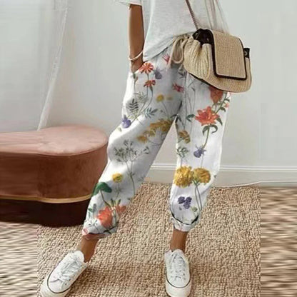 Retro Print Cotton Linen Pants - Comfortable Ankle-Length Drawstring Trousers with Pockets for Casual, Boho-Chic Summer Vibes