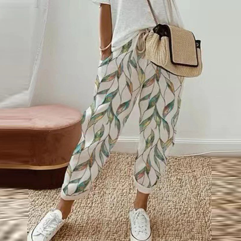 Retro Print Cotton Linen Pants - Comfortable Ankle-Length Drawstring Trousers with Pockets for Casual, Boho-Chic Summer Vibes