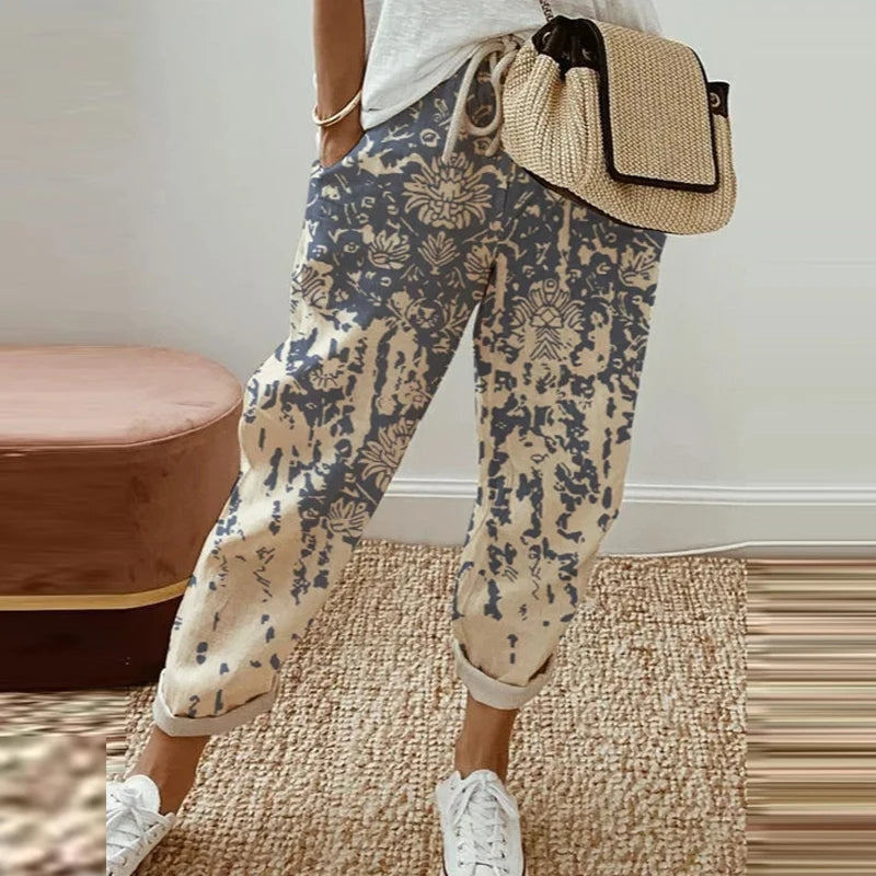 Retro Print Cotton Linen Pants - Comfortable Ankle-Length Drawstring Trousers with Pockets for Casual, Boho-Chic Summer Vibes