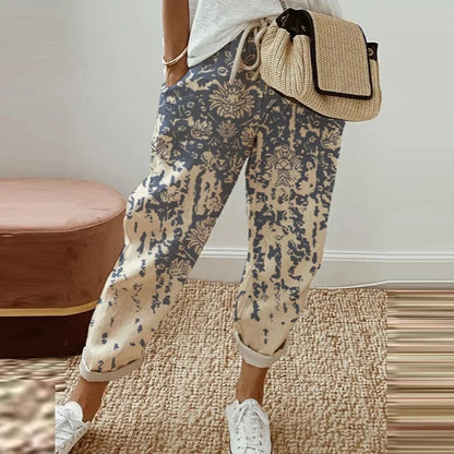 Retro Print Cotton Linen Pants - Comfortable Ankle-Length Drawstring Trousers with Pockets for Casual, Boho-Chic Summer Vibes