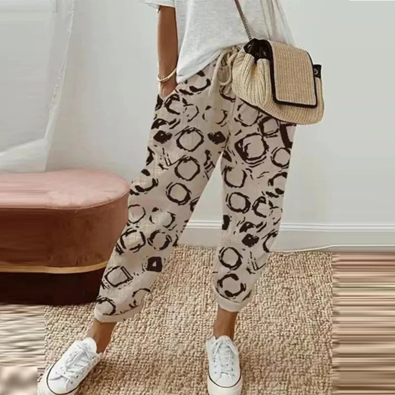 Retro Print Cotton Linen Pants - Comfortable Ankle-Length Drawstring Trousers with Pockets for Casual, Boho-Chic Summer Vibes