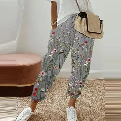Retro Print Cotton Linen Pants - Comfortable Ankle-Length Drawstring Trousers with Pockets for Casual, Boho-Chic Summer Vibes