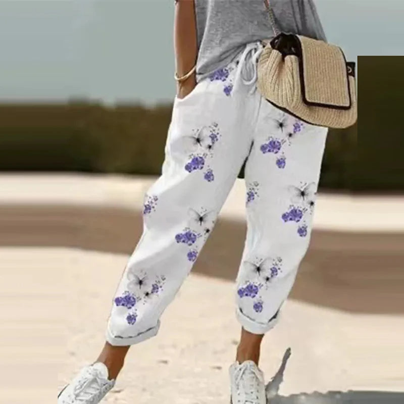 Retro Print Cotton Linen Pants - Comfortable Ankle-Length Drawstring Trousers with Pockets for Casual, Boho-Chic Summer Vibes