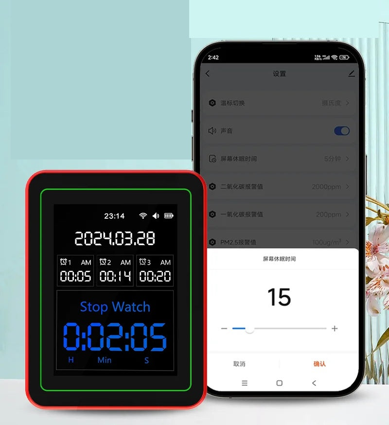 WiFi Air Quality Monitor – 15-in-1 Portable Rechargeable Smart AQI Detector with CO2, PM2.5, TVOC & Mobile App Control