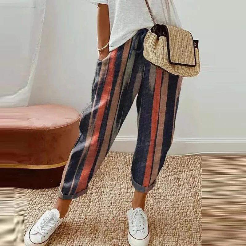 Retro Print Cotton Linen Pants - Comfortable Ankle-Length Drawstring Trousers with Pockets for Casual, Boho-Chic Summer Vibes