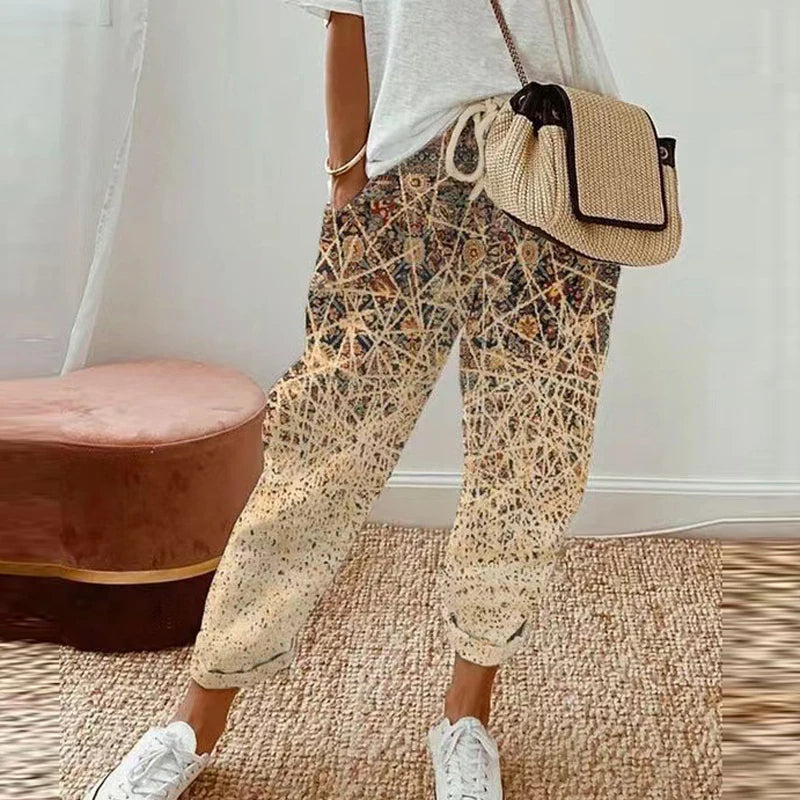 Retro Print Cotton Linen Pants - Comfortable Ankle-Length Drawstring Trousers with Pockets for Casual, Boho-Chic Summer Vibes