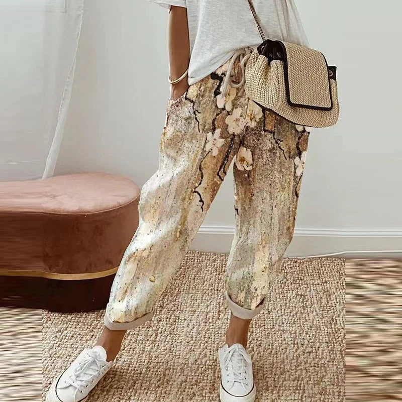 Retro Print Cotton Linen Pants - Comfortable Ankle-Length Drawstring Trousers with Pockets for Casual, Boho-Chic Summer Vibes