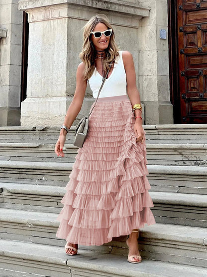 Elegant Women’s Tiered Tulle Maxi Skirt – High Waist Pleated Mesh Ball Gown Perfect for Dating, Parties, and Daily Chic