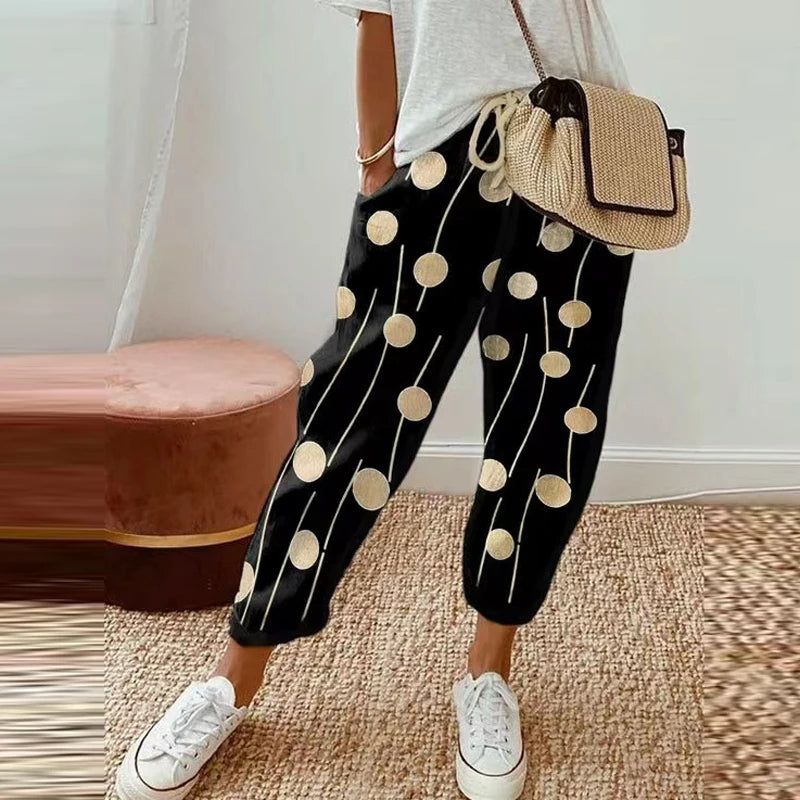 Retro Print Cotton Linen Pants - Comfortable Ankle-Length Drawstring Trousers with Pockets for Casual, Boho-Chic Summer Vibes