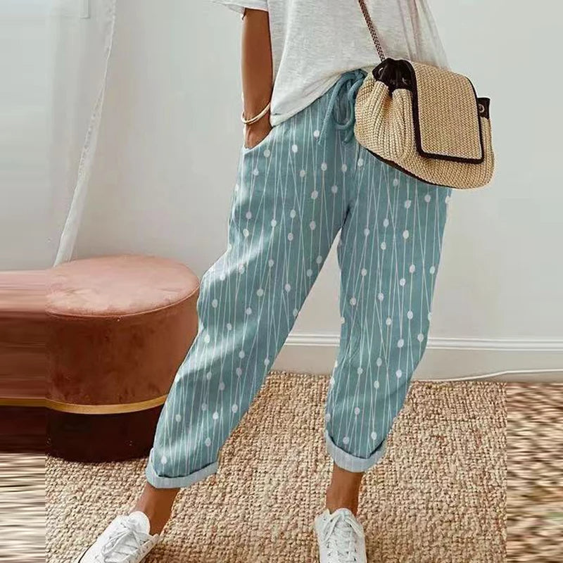Retro Print Cotton Linen Pants - Comfortable Ankle-Length Drawstring Trousers with Pockets for Casual, Boho-Chic Summer Vibes