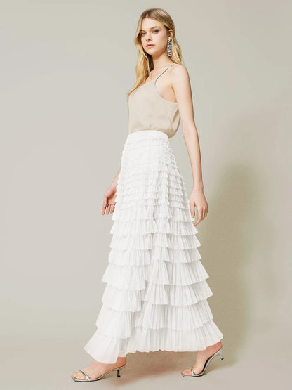 Elegant Women’s Tiered Tulle Maxi Skirt – High Waist Pleated Mesh Ball Gown Perfect for Dating, Parties, and Daily Chic