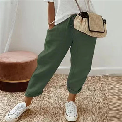 Retro Print Cotton Linen Pants - Comfortable Ankle-Length Drawstring Trousers with Pockets for Casual, Boho-Chic Summer Vibes