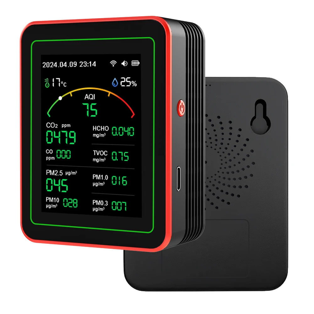 WiFi Air Quality Monitor – 15-in-1 Portable Rechargeable Smart AQI Detector with CO2, PM2.5, TVOC & Mobile App Control