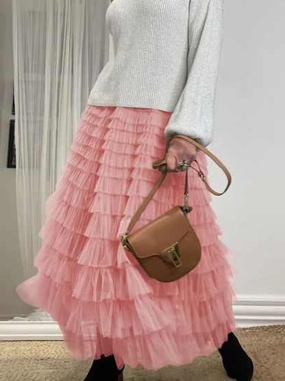 Elegant Women’s Tiered Tulle Maxi Skirt – High Waist Pleated Mesh Ball Gown Perfect for Dating, Parties, and Daily Chic
