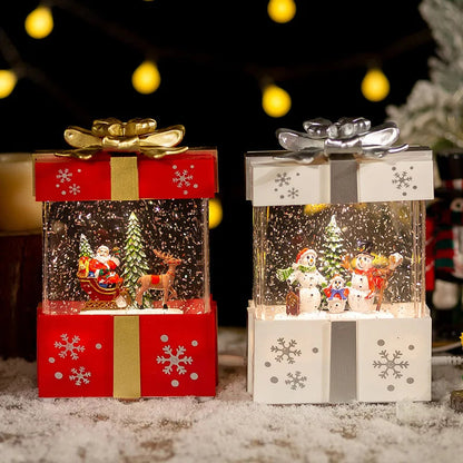 Christmas Popcorn Scene Music Gift Box – Rotating Santa Village Decor, Light-Up Table Ornament for Kids, Parties & Festive Homes