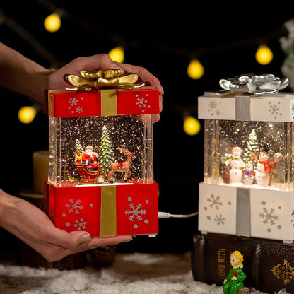 Christmas Popcorn Scene Music Gift Box – Rotating Santa Village Decor, Light-Up Table Ornament for Kids, Parties & Festive Homes