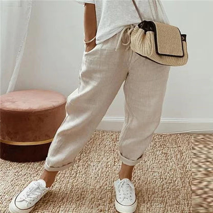 Retro Print Cotton Linen Pants - Comfortable Ankle-Length Drawstring Trousers with Pockets for Casual, Boho-Chic Summer Vibes