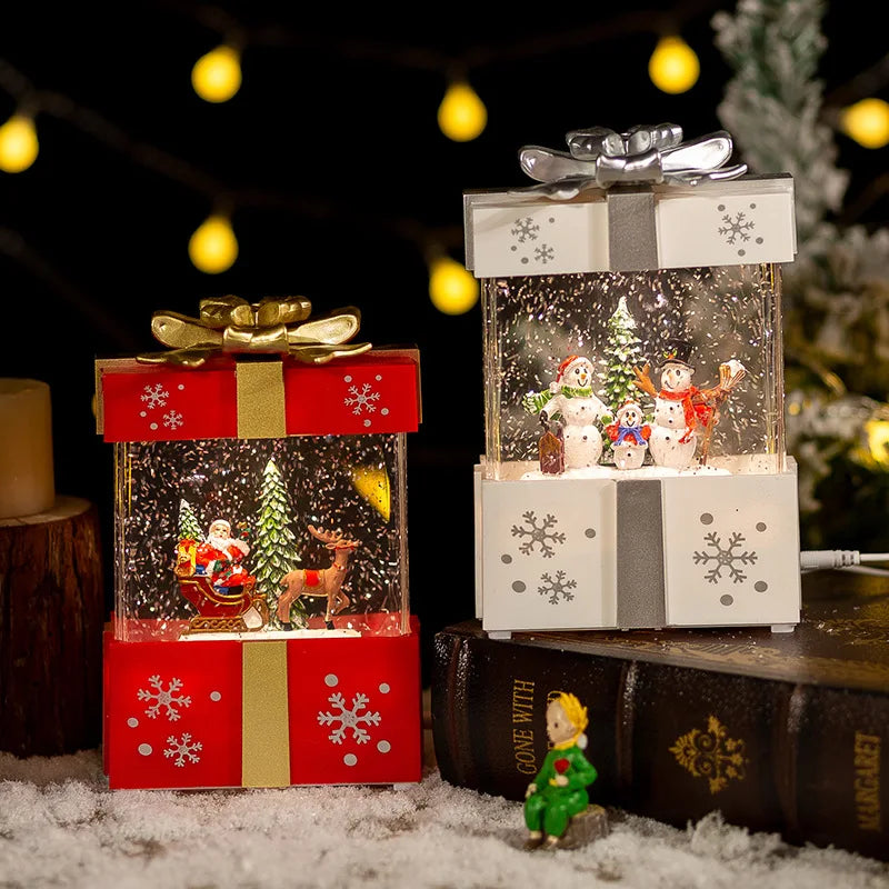 Christmas Popcorn Scene Music Gift Box – Rotating Santa Village Decor, Light-Up Table Ornament for Kids, Parties & Festive Homes