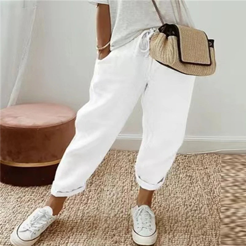 Retro Print Cotton Linen Pants - Comfortable Ankle-Length Drawstring Trousers with Pockets for Casual, Boho-Chic Summer Vibes