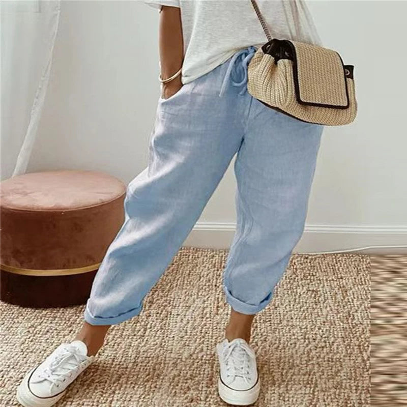 Retro Print Cotton Linen Pants - Comfortable Ankle-Length Drawstring Trousers with Pockets for Casual, Boho-Chic Summer Vibes