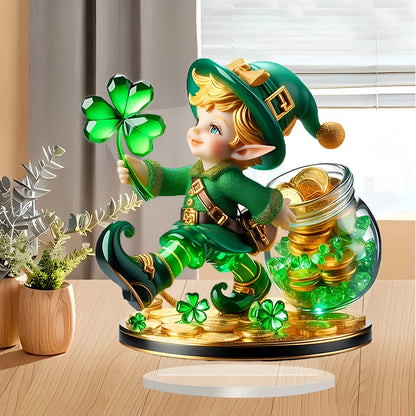 Acrylic Leprechaun Tabletop Décor – 2D Green Hat Shamrock Figurine with Gold Coins for Home Office St. Patrick’s Day Displays