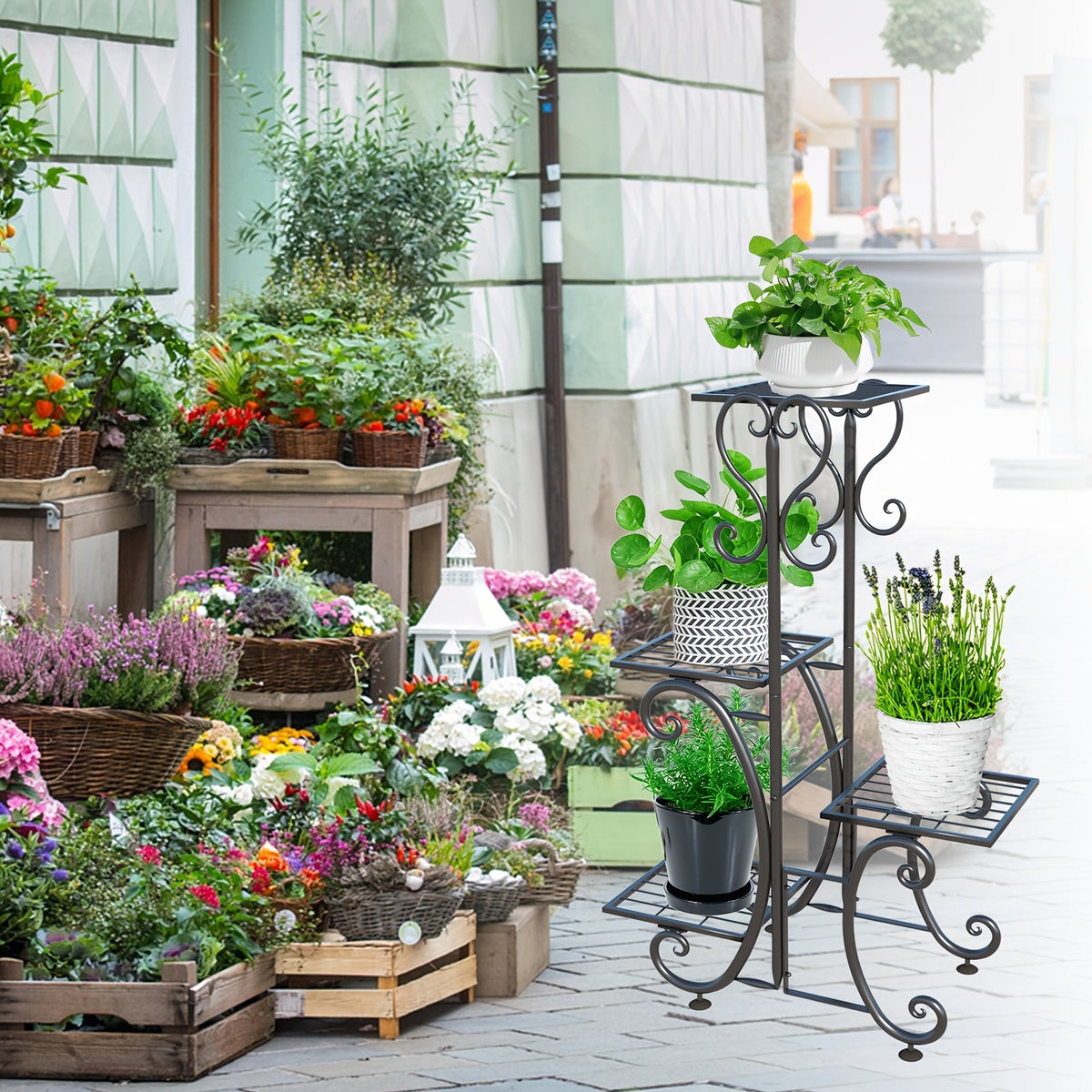 Wrought Iron Metal Plant Stand – 4 Tier Corner Shelf for Indoor/Outdoor Flower Pots, Patio, Garden, Balcony or Office Display